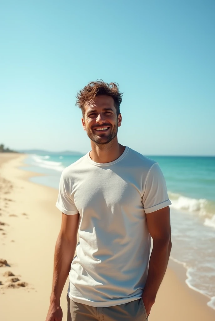 Create a realistic photo of a man standing on a beach. He should be wearing a casual t-shirt, with a relaxed posture. The background should feature a sunny, sandy beach with gentle waves and clear blue skies. The man should have a confident and relaxed expression, enjoying the beach environment. Make sure the scene captures the essence of a perfect day at the beach, with natural lighting and realistic details.