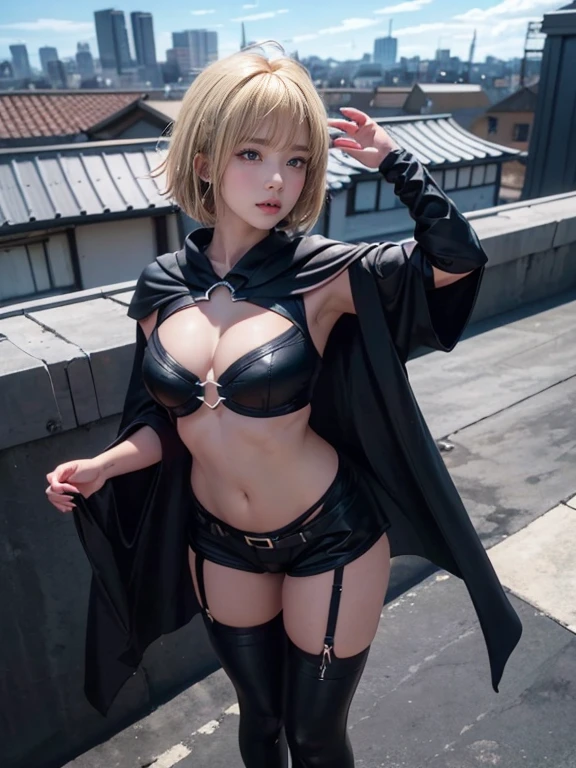 full body display、最high quality、high quality、High resolution、detailed、Glowing Skin、High leg bodysuit:1.2、blonde、Short Bob、Black 、Waist Cloak、Black shorts、Voluptuous bust、Bare Belly、Bowl-shaped big brerom the front、Looking at the surface、Rooftop at night、
