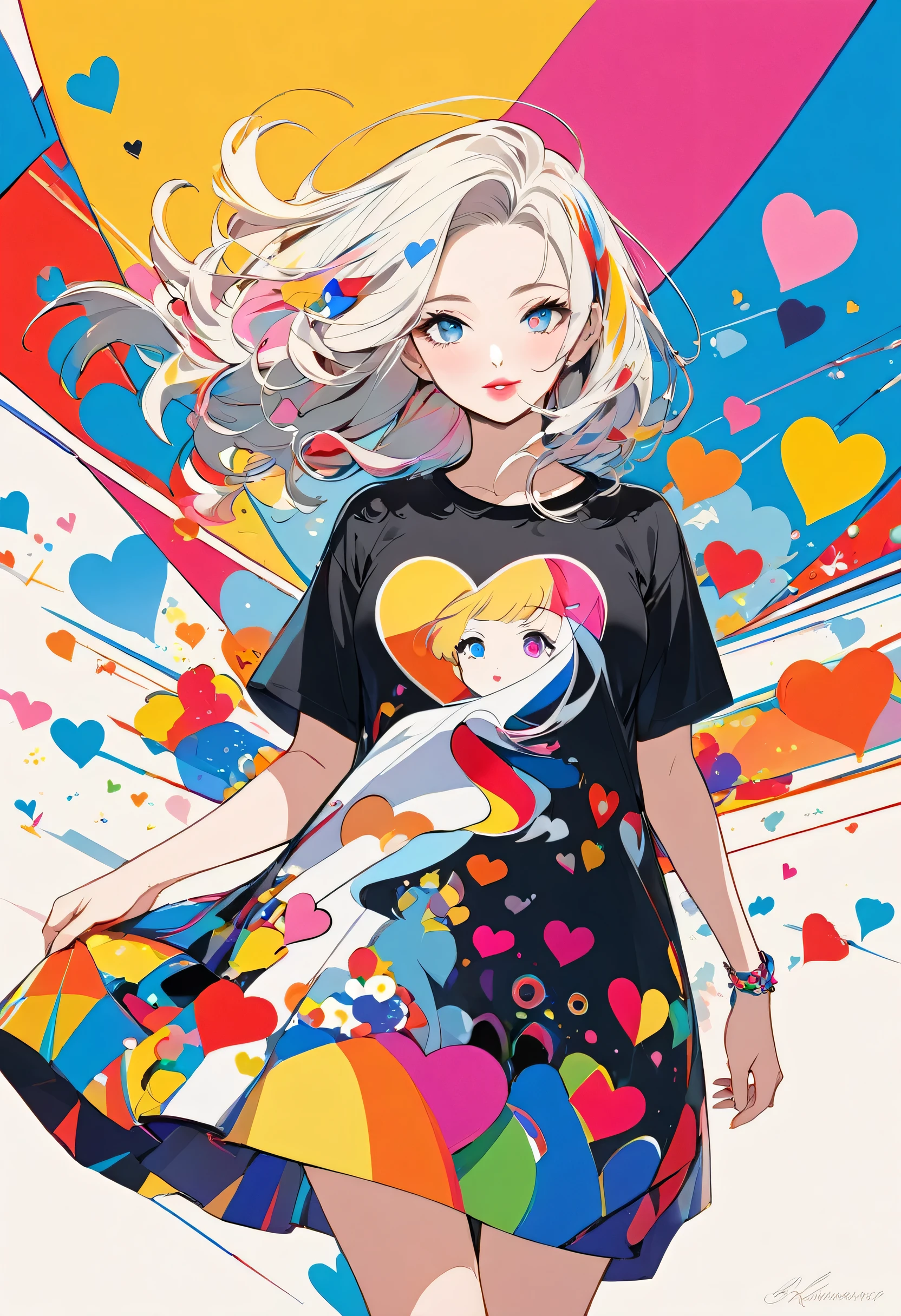Vasily Kandinsky colorful style, Simple Line Initialism,Abstract art,(((The most beautiful girl of all time))), Sweet face. Lips in love, colorful hearts, stylish design, 夏のオシャレなTシャツ, 黒い瞳, walking, Paris