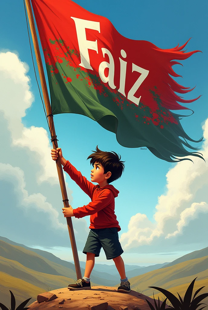 Create a image of a boy holding a flag which name "faiz"
