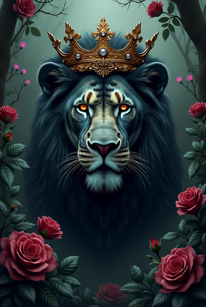 Lion head,crown,black,gold,Roses in Red,purple or turquoise and a few thorns,mystical touch,DARK mystic forest in Background