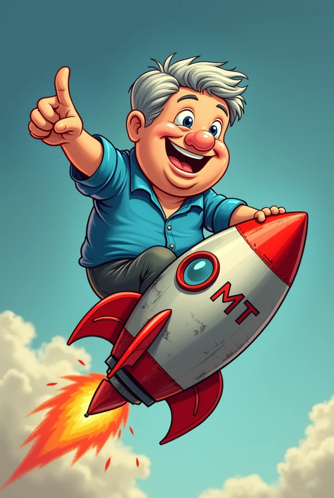 Cartoon image format, of a man , blue shirt, a little overweight, looking 50 years old, mounted on a rocket, written MT on the side and pointing forward.