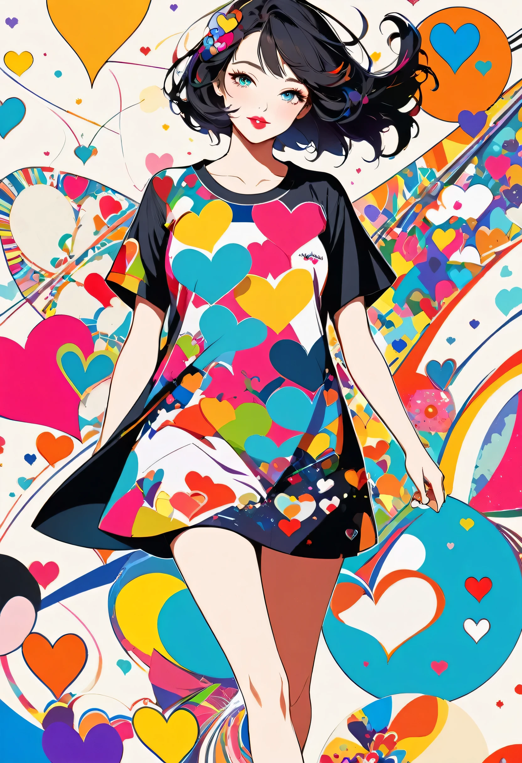 Vasily Kandinsky colorful style, Simple Line Initialism,Abstract art,(((The most beautiful girl of all time))), Sweet face. Lips in love, colorful hearts, stylish design, 夏のオシャレなTシャツ, 黒い瞳, walking, Paris
