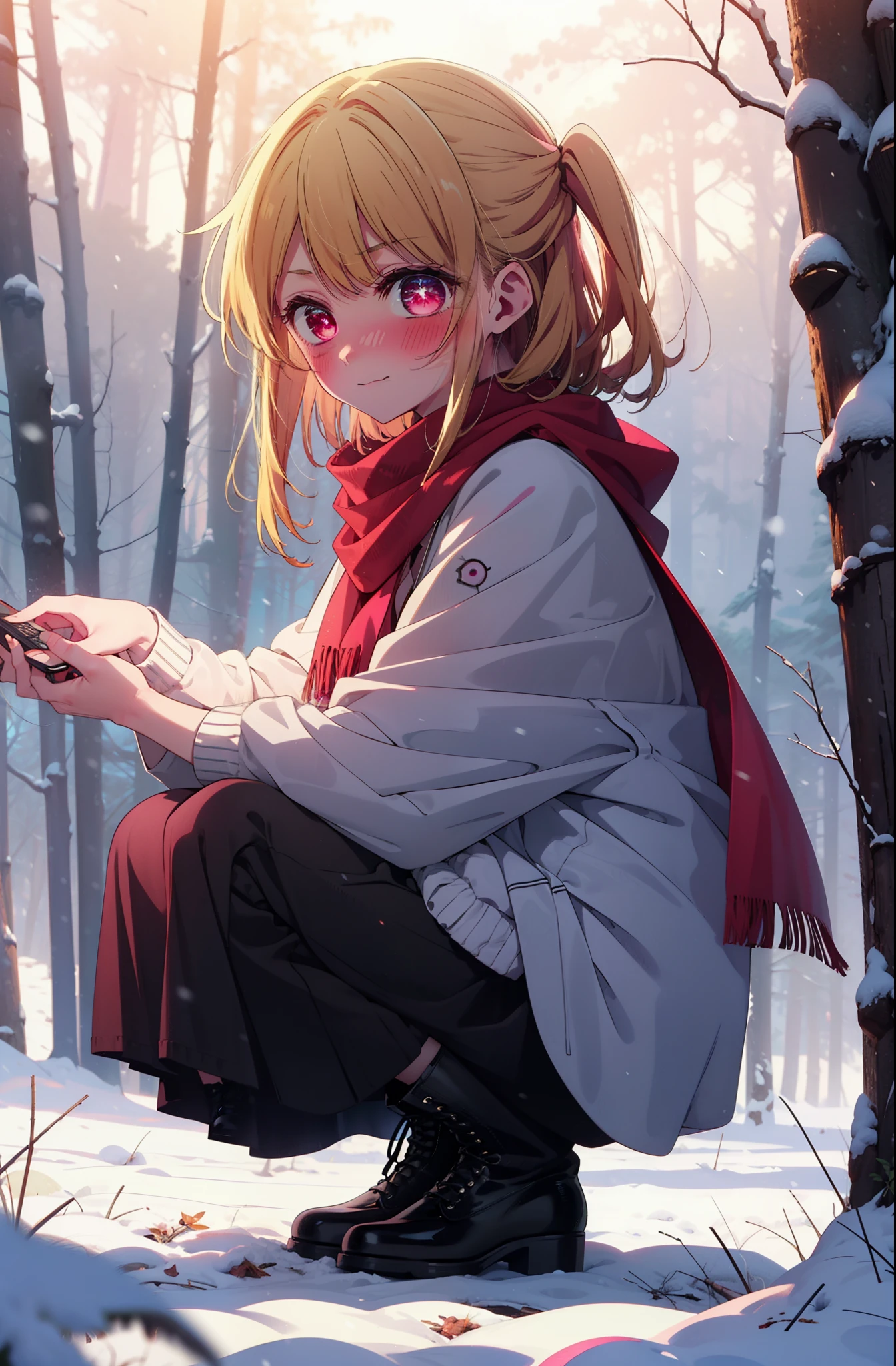 rubyhoshino, Hoshino Ruby, Long Hair, bangs, Blonde, (Pink Eyes:1.3), (Symbol-shaped pupil:1.5), Multicolored Hair, Two-tone hair, smile,blush,white breath,
Open your mouth,snow,Ground bonfire, Outdoor, boots, snowing, From the side, wood, suitcase, Cape, Blurred, , forest, White handbag, nature,  Squat, Mouth closed, Cape, winter, Written boundary depth, Black shoes, red Cape break looking at viewer, Upper Body, whole body, break Outdoor, forest, nature, break (masterpiece:1.2), Highest quality, High resolution, unity 8k wallpaper, (shape:0.8), (Beautiful and beautiful eyes:1.6), Highly detailed face, Perfect lighting, Highly detailed CG, (Perfect hands, Perfect Anatomy),