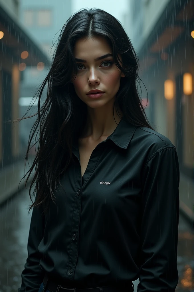 A woman wearing a black shirt with a long wavy black hair and wearing a detective member sign in the rain portrait