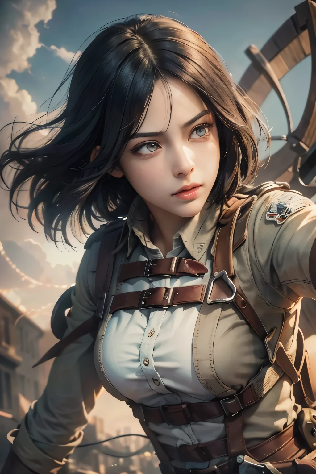 beautiful detailed eyes, beautiful detailed lips, extremely detailed eyes and face, long eyelashes, 1girl, dynamic pose, attack on titan, Mikasa Ackerman, mid-sized aerial maneuvering equipment, highly detailed, intricate 3D rendering, hyperrealistic, cinematic lighting, dramatic atmosphere, vivid colors, photorealistic, masterpiece