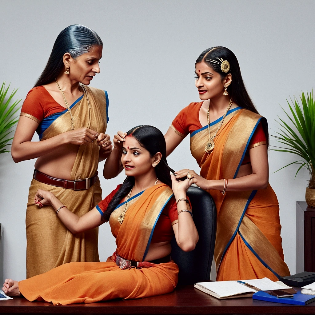 (Masterpiece),(8K),(High Quality),in luxery CEO room,Sixty years old indain lady CEO and 30 years old lady secretery in vibrant sari raised up and showing their pussies,vaginas to each others,Other 40 years old office lady wears sari and woth open blouse showing her breast to CEO and secretery while squeezing her breasts.