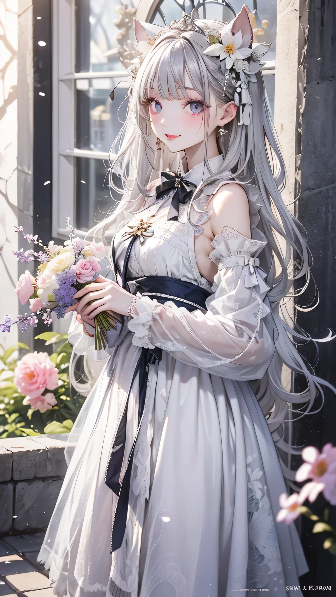 masterpiece, Great work, Daytime, Outdoor, Falling Flowers, White Dress, 1 person, Perfect Woman, Woman with long silver and white hair, Gray blue eyes, Pale pink lips, cold, Severe, Van, Purple eyes, White clothes, Black Apparel Line, Delicate face, Beautiful Face, Standing Bow, Tassel, The Knot of Happiness, smile