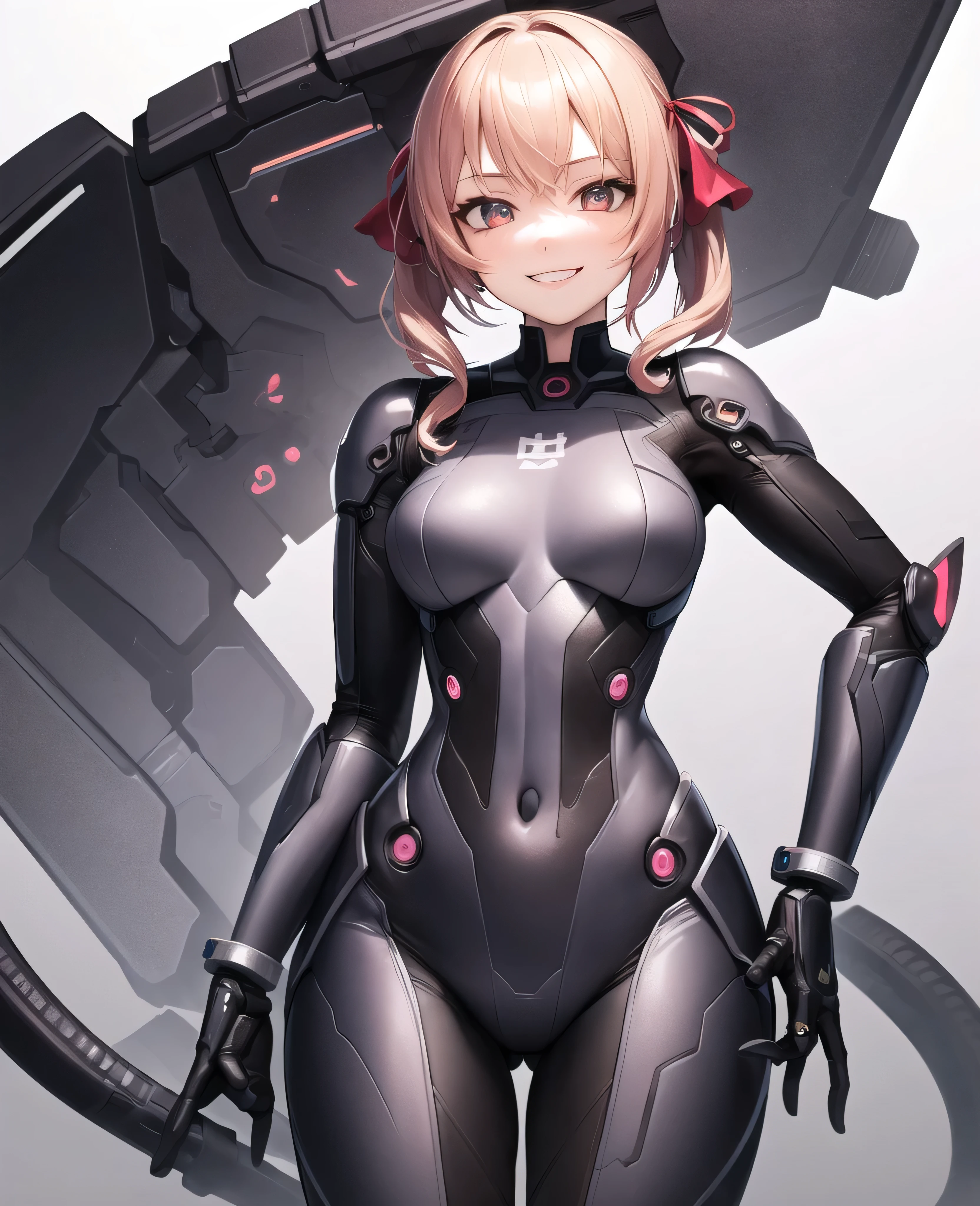 ((masterpiece,Highest quality, detailed)), One girl, alone,
 Cowboy Shot, Dark Sakura, smile, Hair Ribbon, Hollow Eyes, Plug Suit, Bodysuits, black Bodysuits, Pause, Fits perfectly to the skin, Striped, cyber punk, Put your finger to your mouth, Body pattern,evil smile, 