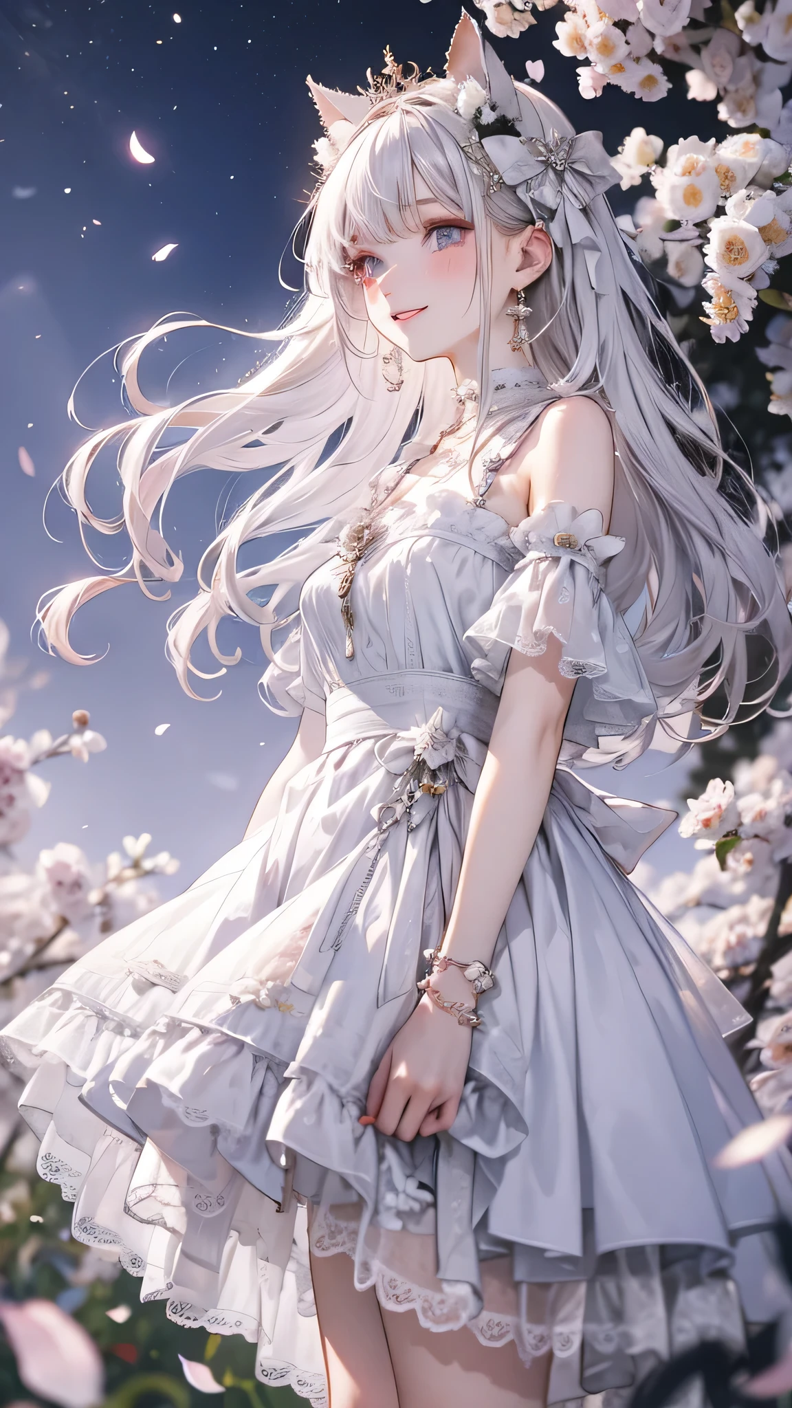 masterpiece, Great work, Daytime, Outdoor, Falling Flowers, White Dress, 1 person, Perfect Woman, Woman with long silver and white hair, Gray blue eyes, Pale pink lips, cold, Severe, Van, Purple eyes, White clothes, Black Apparel Line, Delicate face, Beautiful Face, Standing Bow, Tassel, The Knot of Happiness, smile