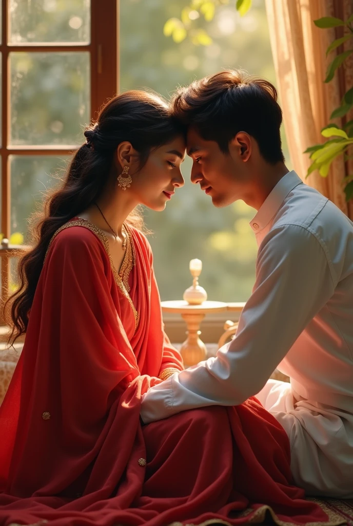 Cozy little room, couple, kissing in forehead, bengali traditional dess, saree, windows, curtains, flower pot, light coming from behind, volumetric light, colour correction, accurate shadow and highlight, best quality, best composition, rim light, keep basic detail of the input image, (anime Makoto Shinkai:0.4), (sparks:0.7), anime art, digital painting, surrealistic, 8k, prominent