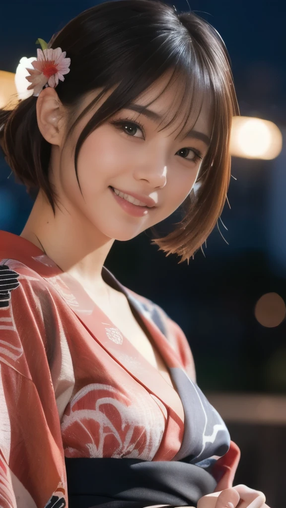 8k,Highest quality,(masterpiece:1.2),(Realistic),(Realistic:1.37),Ultra-high resolution,1 female college student,Fireworks display,night,smile,Beautiful Eyes,(((Cute Yukata))),Perfect body,Perfect Fingers,Professional Lighting,gravure,Detailed face and skin texture,fine grain,RAW Photos