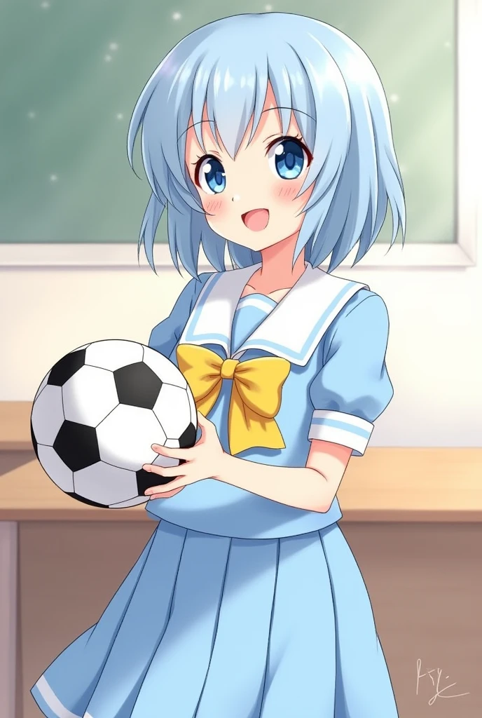 Light blue hair、The back of the hair, the nape of the neck, is short.、Very Short Hair、Big light blue eyes、Light blue eyebrows、Only the sideburns are long、Light blue sailor suit、Light blue pleated skirt、Big yellow ribbon、classroom、Hold a soccer ball in both hands、Smiling、Saki Nijino、Tokimeki Memorial