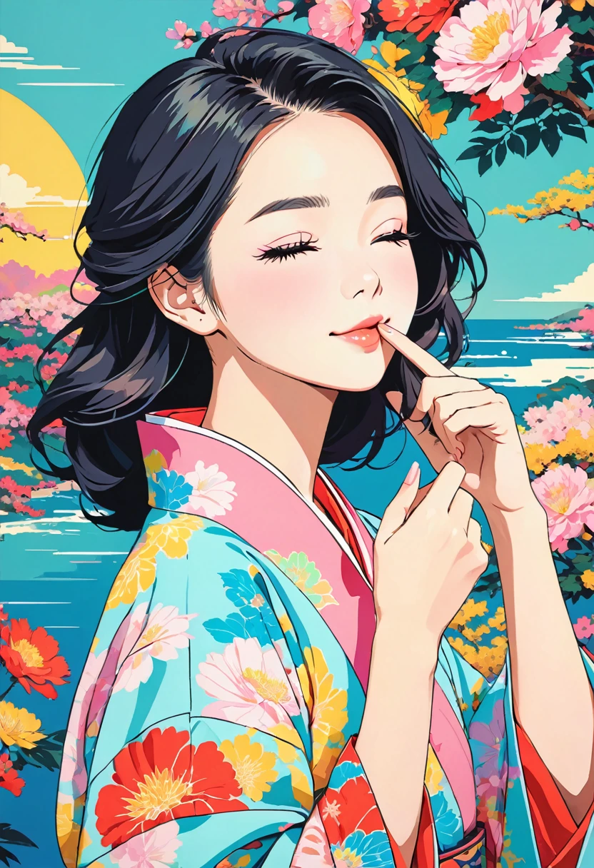 (masterpiece, best quality:1.1), (ultra highres, ultra-detailed:1.2),pop-art,(pastel color,flatcolor),girl doing hush pose,(colorful yukata),(index finger to her mouth),she has one eye closed,wink,(blink:1.2),natsumatsuri background,,minimal design,BREAK 15yo,american cutie,