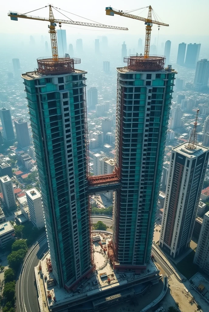 aerial view of a twin tall buildings currently underconstruction on the other side of the road and  high rise buildings, with tower crane, the neat and dense buildings south jakarta, modern buildings, big buildings, the hard and strong buildings, skybridge towers, tall buildings in background, emphasis on tall buildings, tall buildings  cool looking, photo from above