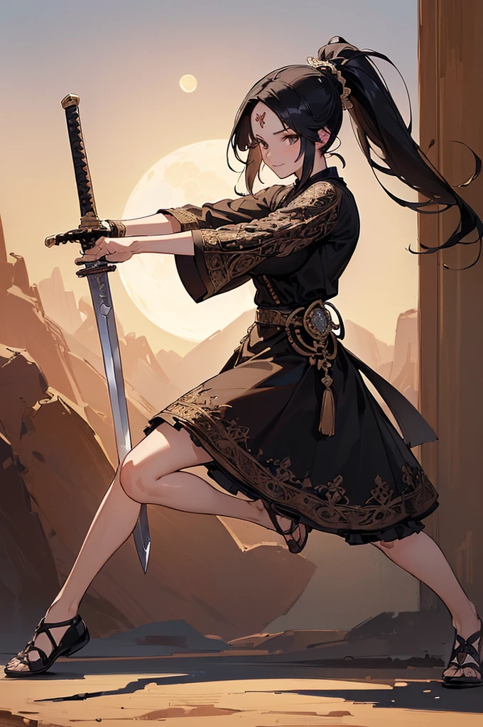 ((((High resolution, Intricate details, masterpiece, 8k)))), (((beautiful, Holding a sword))), ((One Woman, full body, Fighting Pose)), (Black Hair, parted bangs, forehead, Long Hair, ponytail, slender), from front, looking at viewer, look at viewer, smile, desert, night, moon,