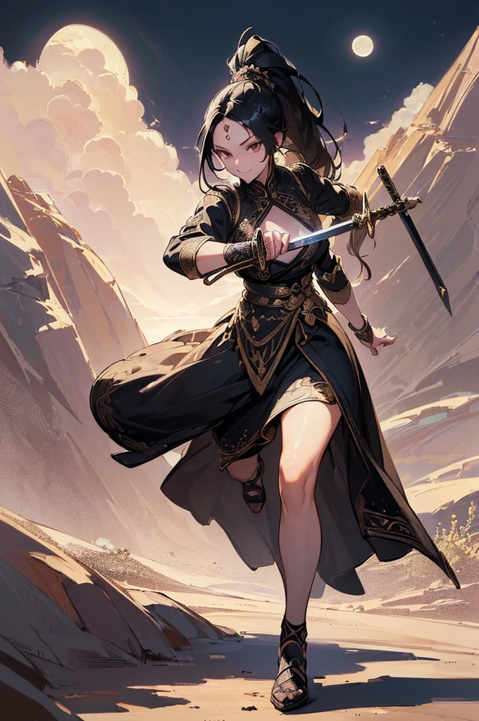 ((((High resolution, Intricate details, masterpiece, 8k)))), (((beautiful, Holding a sword))), ((One Woman, full body, Fighting Pose)), (Black Hair, parted bangs, forehead, Long Hair, ponytail, slender), from front, looking at viewer, look at viewer, smile, desert, night, moon,