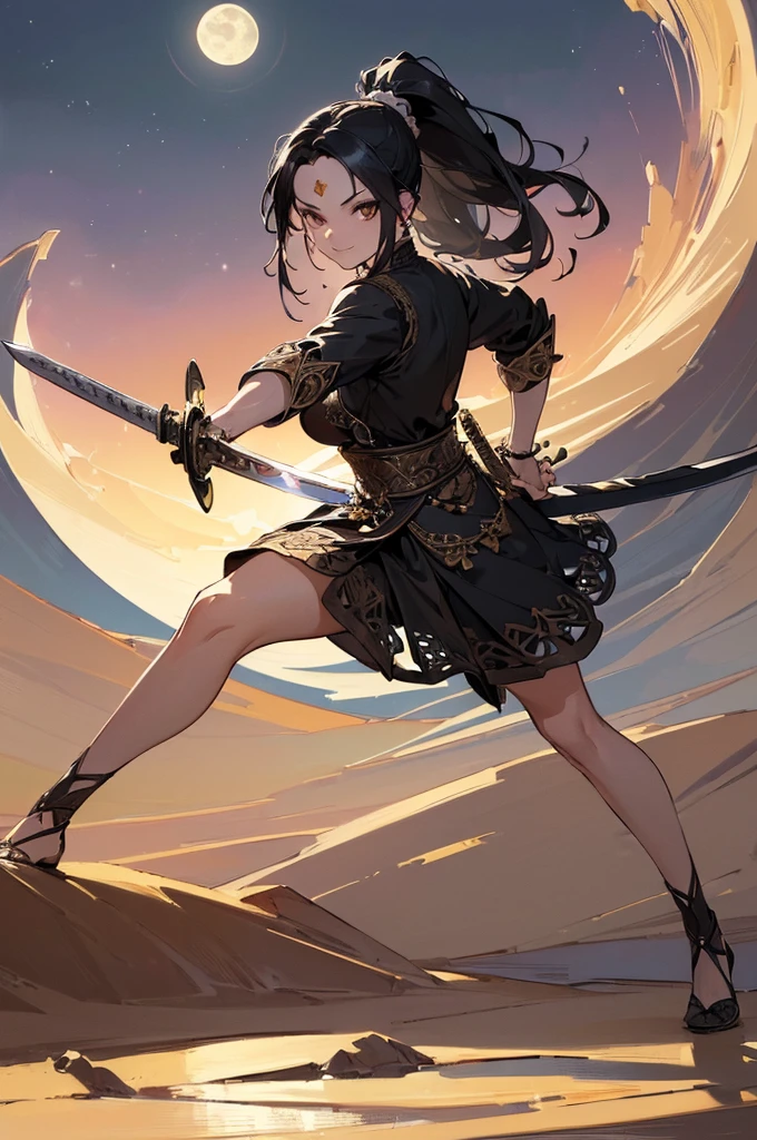 ((((High resolution, Intricate details, masterpiece, 8k)))), (((beautiful, Holding a sword))), ((One Woman, full body, Fighting Pose)), (Black Hair, parted bangs, forehead, Long Hair, ponytail, slender), from front, looking at viewer, look at viewer, smile, desert, night, moon,