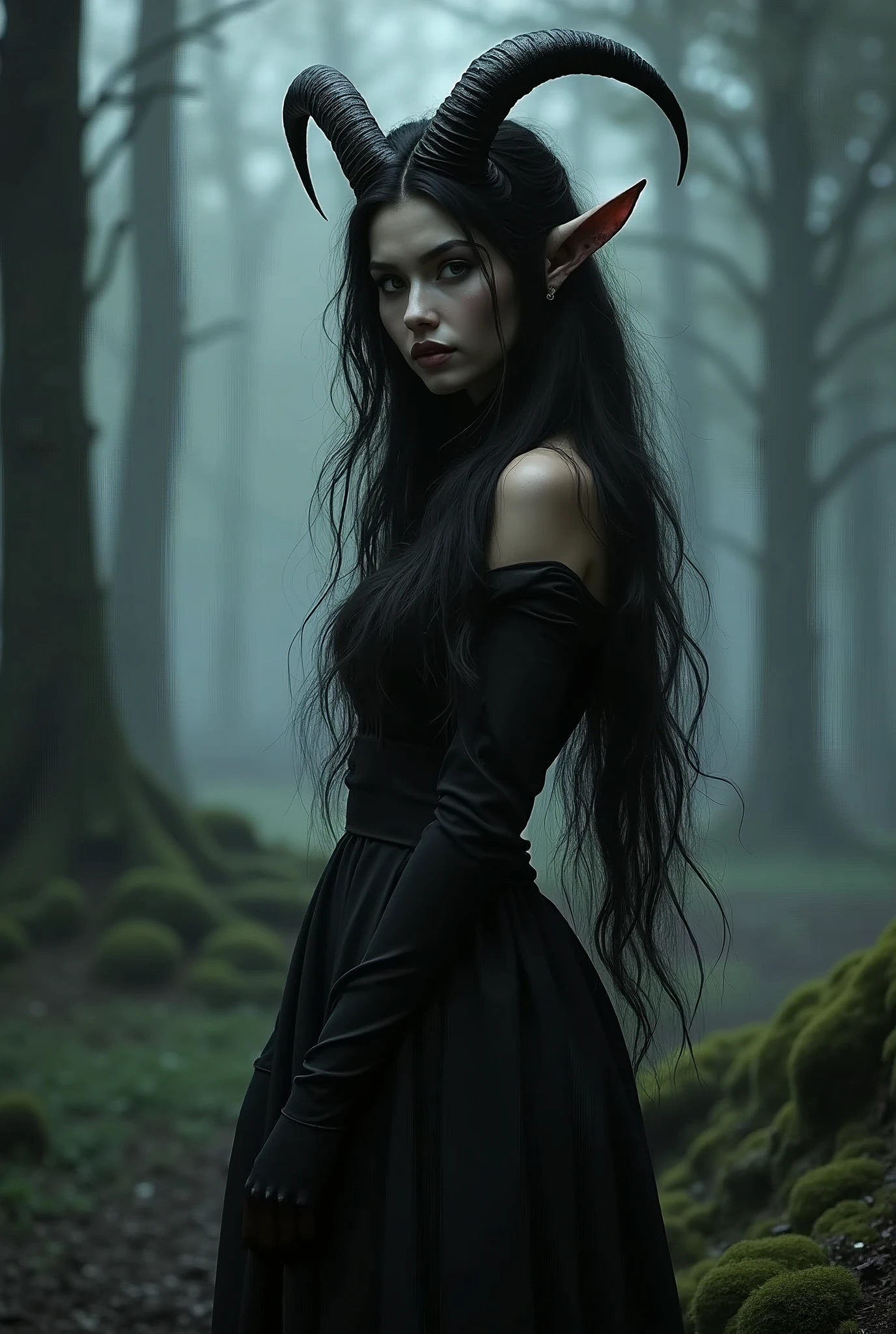 A female black goat personified as a beautiful woman