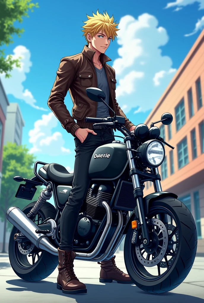 Anime Hot tall cute blond guy biker guy standing side of bike highschooler