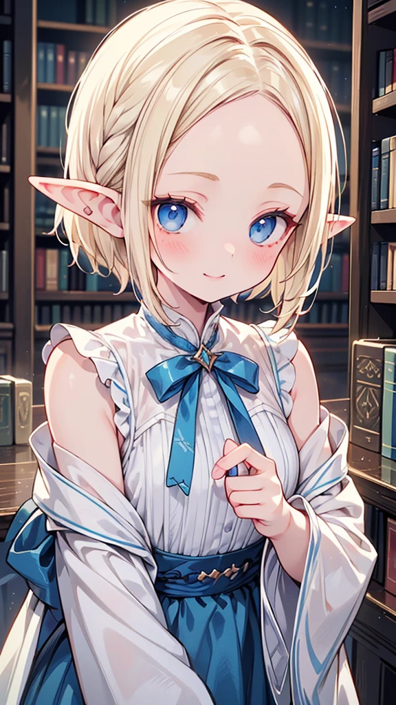 Very close、((Focus on the upper body))、16K、masterpiece、High resolution、High resolution、((1 young elven woman))、((Beautiful white skin))、((Beautiful blonde、Very Short Hair、I can see your forehead))、((Beautiful Blue Eyes))、((Pointed Ears))、Smiling Kindly、blush、((Formal wear))、((library))、Courting me