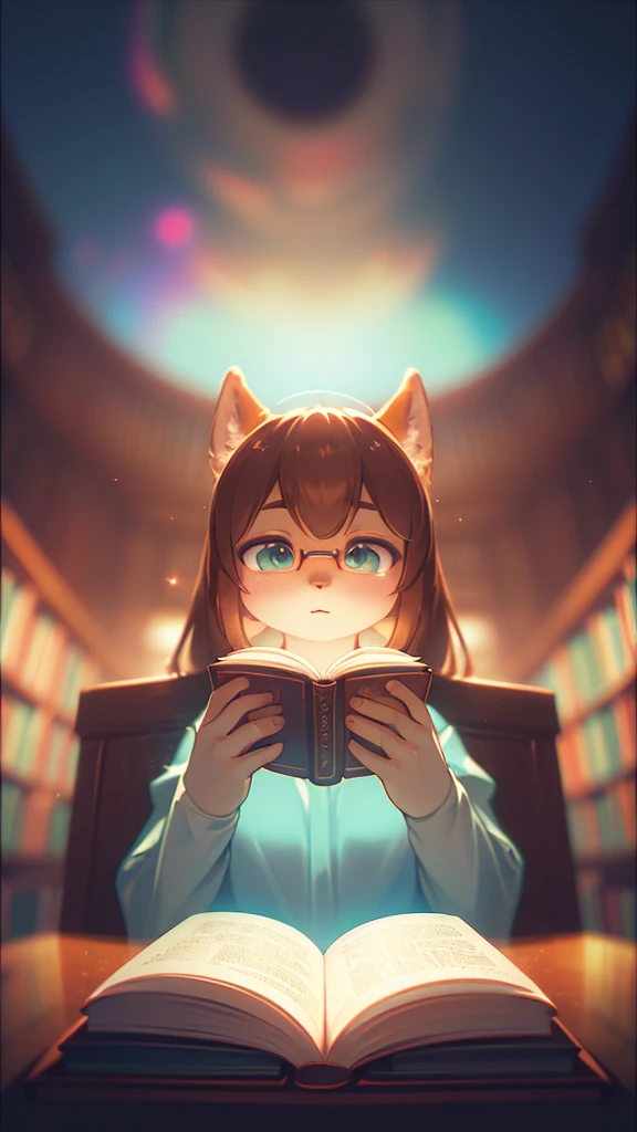 (Sumilux f1.4 24mm , low Latitude old color negative film , cross process , (bokeh), Long exposure , blur , flare, chromatic aberration , soft focus, (Shallow focus) , soft glow , Maximum aperture, high Key , Transparent depiction , Tyndall) , Hallucinations , thick Female librarian, huge library, scattered books , Fantasy librarian outfit
