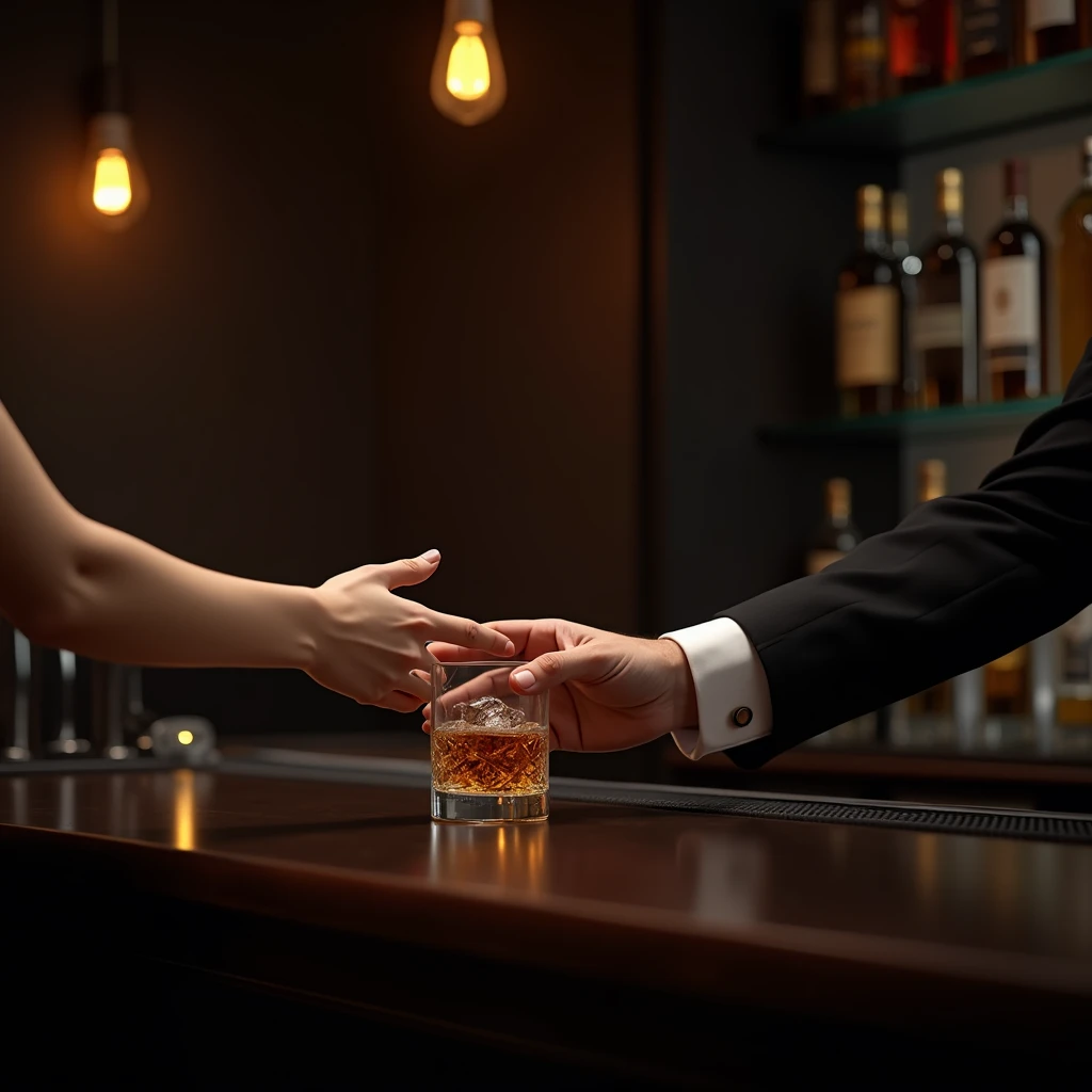 Bar counter, man's hand in a suit, female bartender's hand handing over a rock glass, female bartender's bare arm