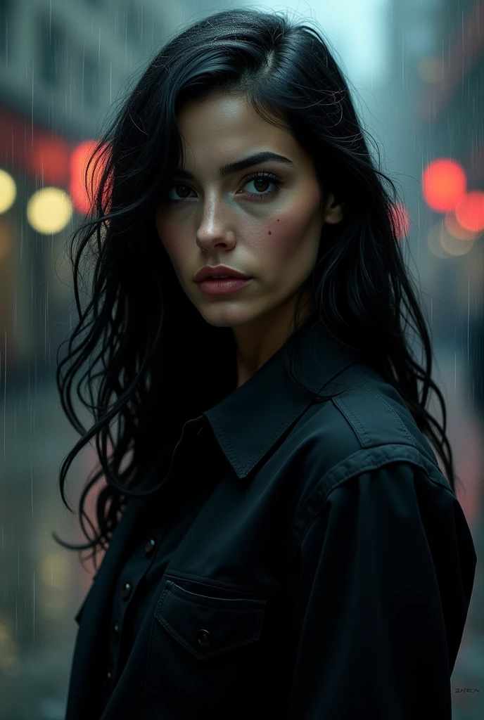 A woman wearing a black shirt with a long wavy black hair and wearing a detective member sign in the rain portrait