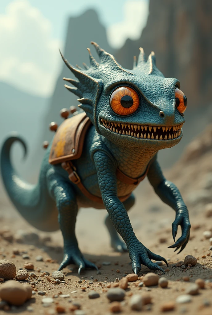 En photo réalisme. Dans l'univers du jeu vidéo Fallout 3. A mix between a Flayer and a Chameleon. It's a mount. Il marche à quattre pattes et a une belle selle sur le dos mais pas de cavalier. It's fast and agile.
Il a des yeux globuleux, des dents pointues mais reste mignon.
Its scaly skin is dark blue and orange around the eyes with a few touches of gold.
