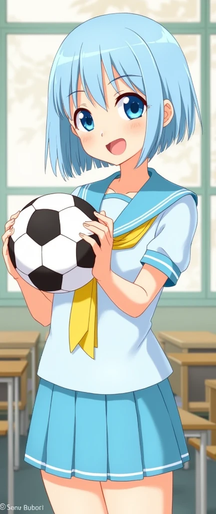 Light blue hair、The back of the hair, the nape of the neck, is short.、Very Short Hair、Big light blue eyes、Light blue eyebrows、Only the sideburns are long、Light blue sailor suit、Light blue pleated skirt、Big yellow ribbon、classroom、Hold a soccer ball in both hands、Smiling、Saki Nijino、Tokimeki Memorial