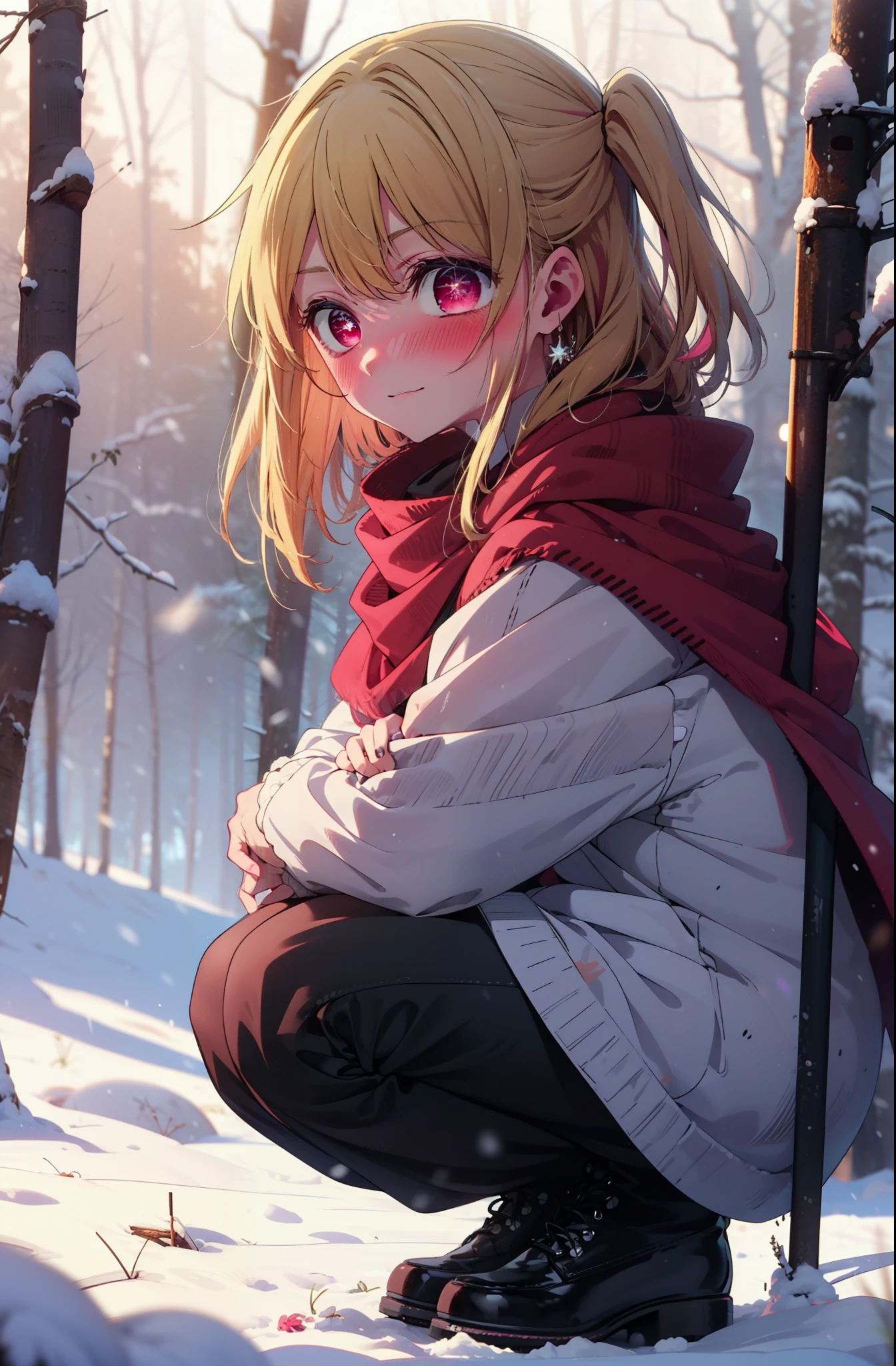 rubyhoshino, Hoshino Ruby, Long Hair, bangs, Blonde, (Pink Eyes:1.3), (Symbol-shaped pupil:1.5), Multicolored Hair, Two-tone hair, smile,blush,white breath,
Open your mouth,snow,Ground bonfire, Outdoor, boots, snowing, From the side, wood, suitcase, Cape, Blurred, , forest, White handbag, nature,  Squat, Mouth closed, Cape, winter, Written boundary depth, Black shoes, red Cape break looking at viewer, Upper Body, whole body, break Outdoor, forest, nature, break (masterpiece:1.2), Highest quality, High resolution, unity 8k wallpaper, (shape:0.8), (Beautiful and beautiful eyes:1.6), Highly detailed face, Perfect lighting, Highly detailed CG, (Perfect hands, Perfect Anatomy),