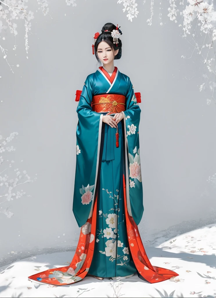 девушка в kimono, kimono в узорах. kimono, a geisha, красивая a geisha с темными волосами, a geisha стоит на облаках, character, красивый character, a geisha в красивом kimono, digital painting