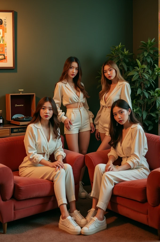 I'm taking photos for a new concept album. Create a concept photo of a girl group posing next to sofas