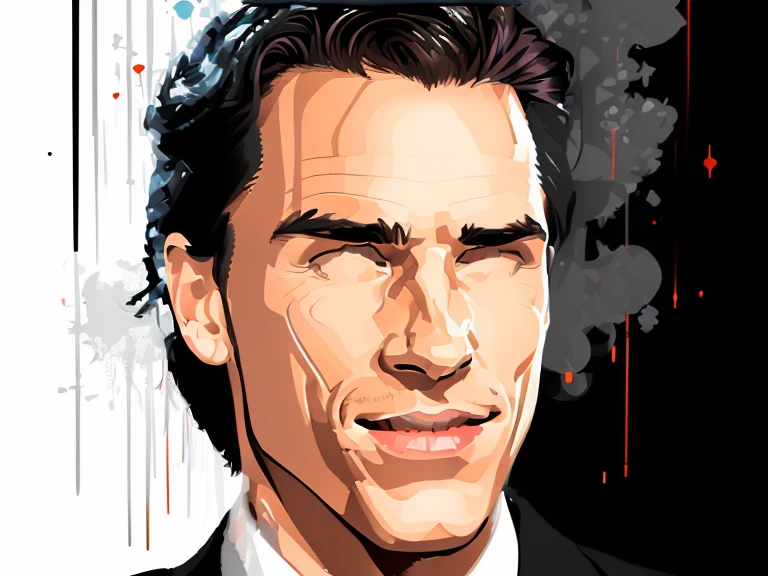 (t-shirt designer), white background, vector, design, a close-up of a man in a suit making a face, Patrick Bateman), in American Psycho (1 9 9 9), in American Psycho (1999), Patrick Bateman, in Psycho Americana, American Psycho, in the film Hard Target (1993), (Christian Bale), (smug smile).minimalist,color (black and white).