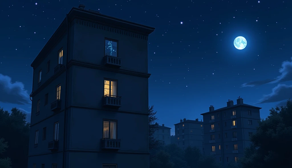 A four-story apartment building,Residential Street,City,midnight,Starry Sky,moon,a single window with a blue light on,The other windows are dark.,Anime Style, Drone photography,High resolution, Anti-aliasing