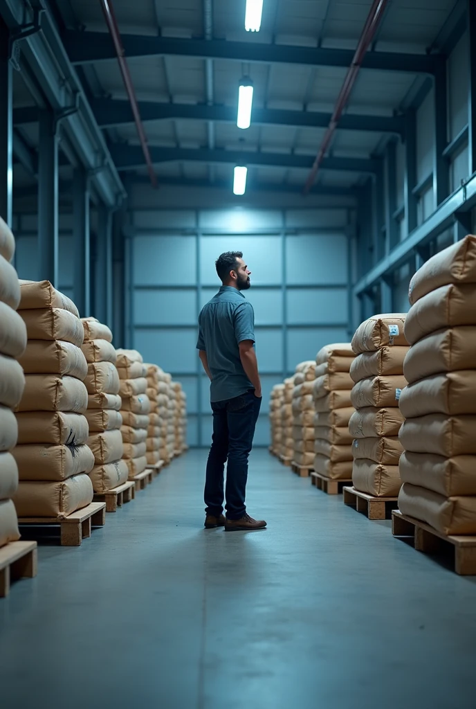 A man stands in an industrial warehouse, choosing between different types of cement. Each type of cement is stored on wooden pallets and bagged in brown kraft paper packages.. The cement bags are clearly labeled with the CPI names, CPII, CPIII, CPIV and CPV. The man is in a position of analysis, observing the different types carefully, perhaps holding one of the bags or pointing at them. The warehouse is spacious and industrial, with predominant colors in blue, which gives a cold tone to the image. The lighting in the shed is soft, with fluorescent lights reflecting off metal surfaces and cement bags, complementing the theme in shades of blue.