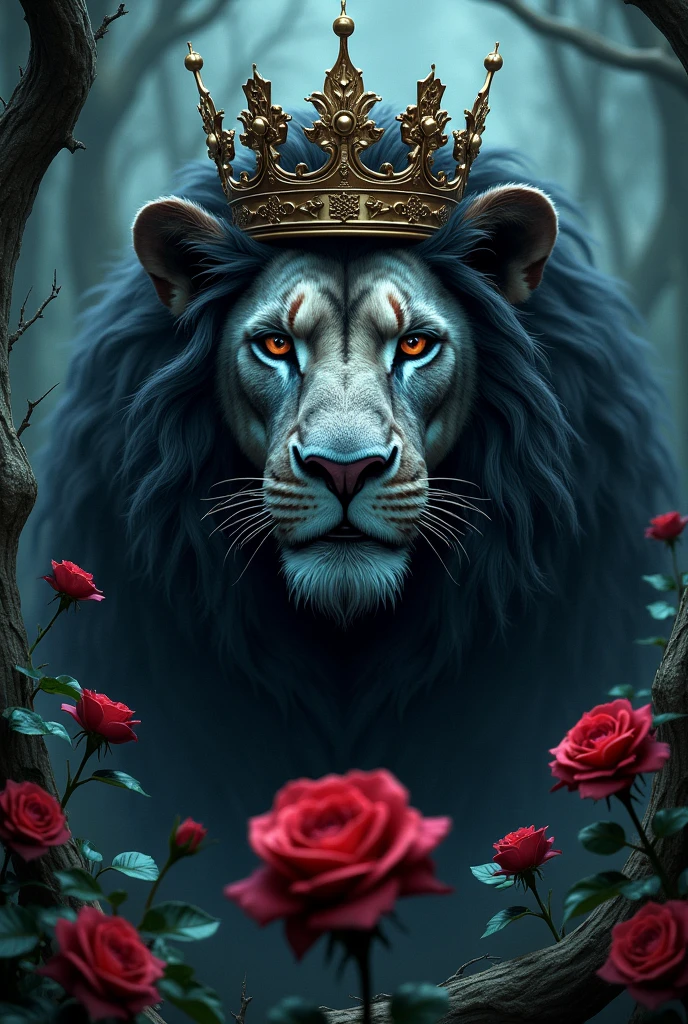 Lion head,crown,black,gold,bloody Roses in Red,purple or turquoise and a few thorns,mystical touch,DARK mystic forest in Background 