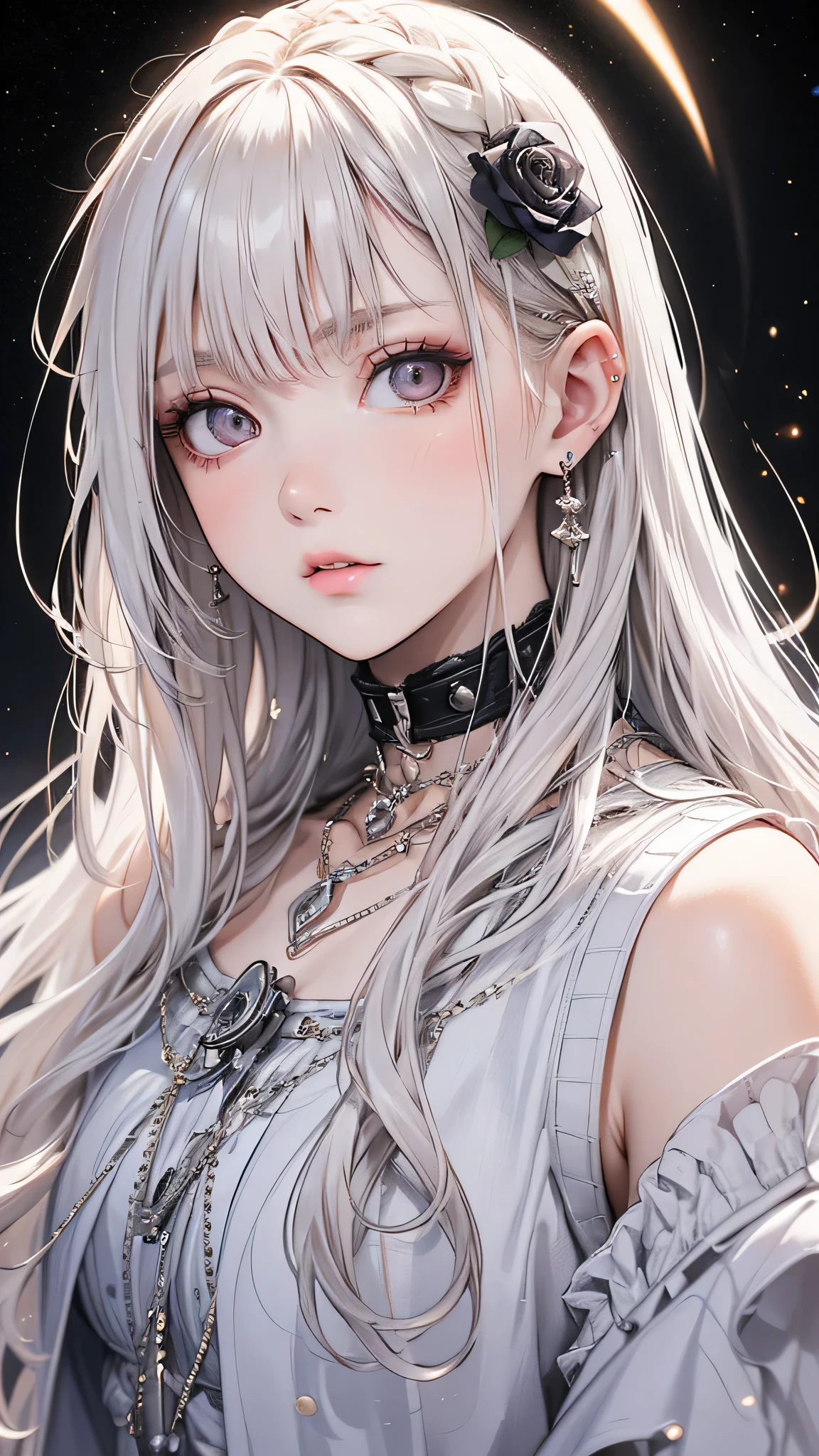 masterpiece, Highest quality, (alone focus), (Perfect Face:1.1), (Attention to detail:1.1), (Ultra-detailed eyes), dramatic, 1 person, (Pale skin), Long white hair, Psychic Eyes, (Thin eyebrows), alone, Long Hair, Tiago Azevedo, moon, night, White luxury suit, Pouting, fur, Proud look,garden, Detailed Background, Art by artgerm, Cinema Lighting, rose, fashion, Balenciaga Style