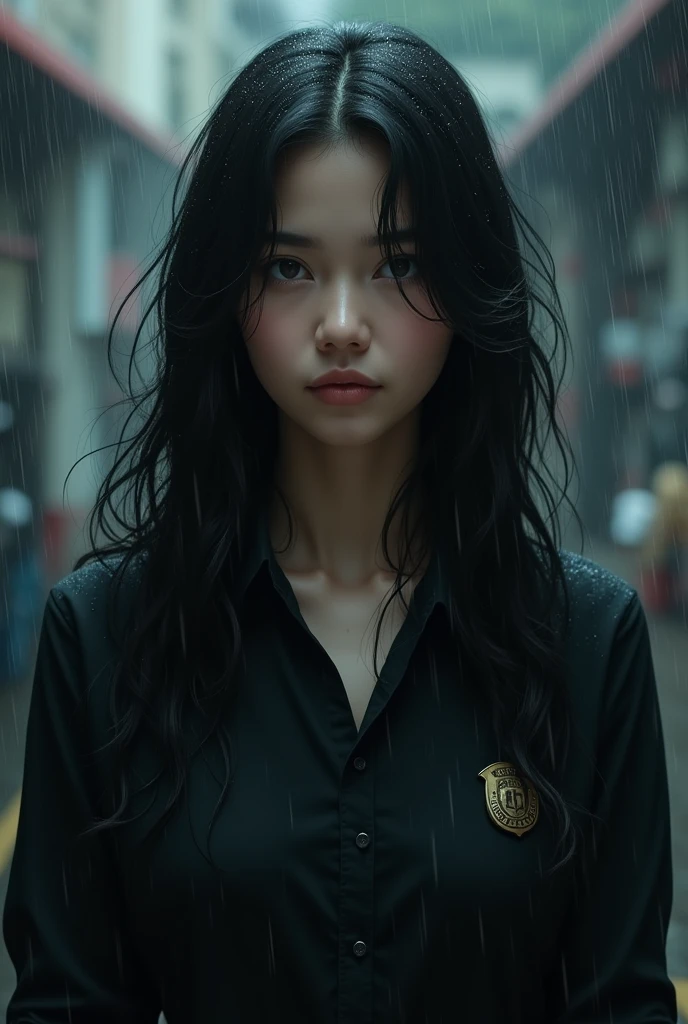 A woman wearing a black shirt with a long wavy black hair and wearing a detective member sign in the rain portrait