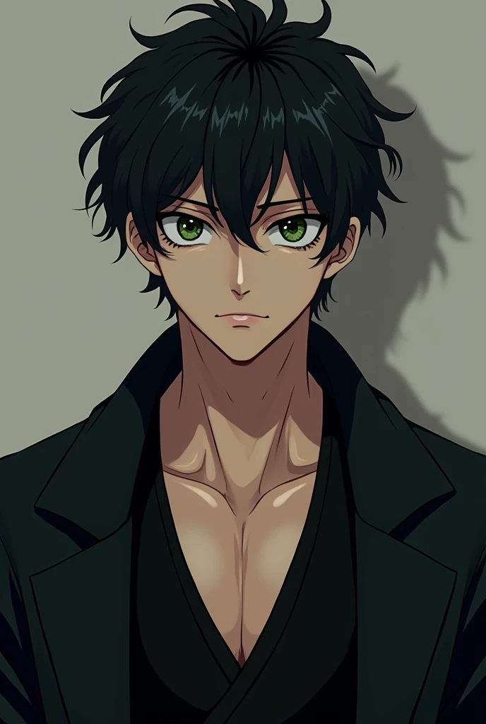 a handsome anime style man with green eyes, slightly furrowed brows, short messy black curly hair, a slim but muscular build with beautiful muscle lines, dark circles under his eyes, 178cm tall, wearing a black japanese-style coat with a black inner layer, (best quality,4k,8k,highres,masterpiece:1.2),ultra-detailed,(realistic,photorealistic,photo-realistic:1.37),intricate details,extremely detailed facial features,highly detailed character portrait,dramatic lighting,cinematic composition,vibrant colors,digital art