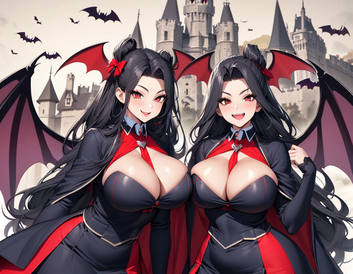 High detailed, 3 Vampire womans, busty, large breasts , firm curvy chunky body, extreme large hair, Vampire wings, finest dress, milf womans, matching hairstyles, matching uniforms, matching physique, smiling, bats flying around they, background a old castle