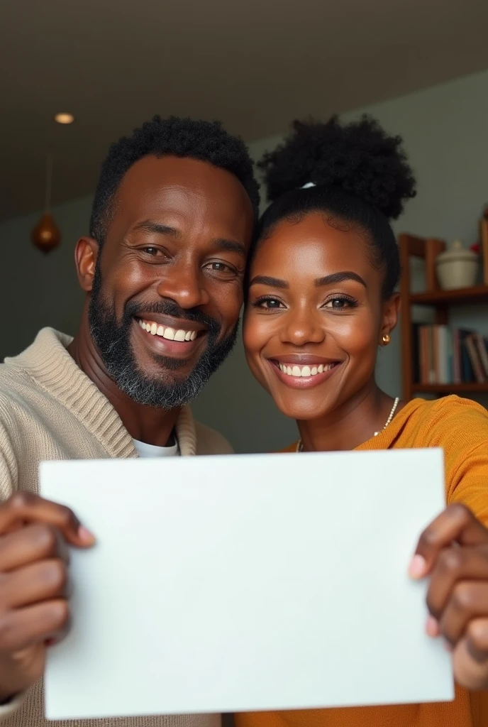(photorealism:1.2),
An afro american mid age straight couple are taking a selfie at home. They are brown, with common smiling face and expressive eyes. A little fatty. They are holding a blank small poster.