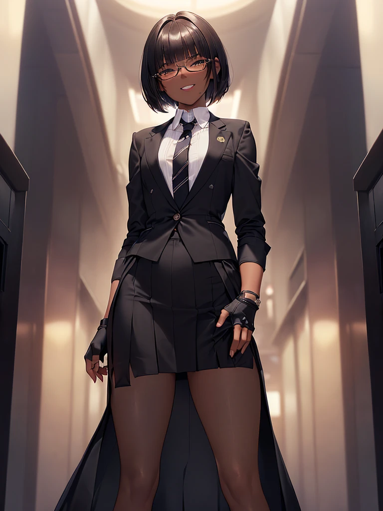 (masterpiece:1.2), highest quality, High resolution, unity 8k wallpaper, (fine and beautiful eyes:1.6), highly detailed face, perfect lighting, Detailed CG, (perfect hands, perfect anatomy:1.3), (1 femmale:1.4), (20 years old femmale:1.4),( black hair:1.3), extremely beautiful detailfeminine face and eyes, (evil smile:1.3), detailed eyes, best quality,( dark skin:1.8), extremely detailed, very precise detailed,(glasses:1.3), (blunt bangs:1.3), open mouth, (very short hair:1.4),(fingerless gloves:1.5), (half closed eyes:1.5),(business suit:1.6),boots,(flat chest:1.4),open stance,(long skirt:1.6),(long skirt in slit:1.6),(spread_legs:1.2), ,necktie, (long sleeves jacket)