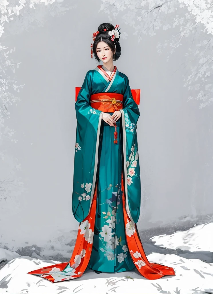 девушка в kimono, kimono в узорах. kimono, a geisha, красивая a geisha с темными волосами, a geisha стоит на облаках, character, красивый character, a geisha в красивом kimono, digital painting