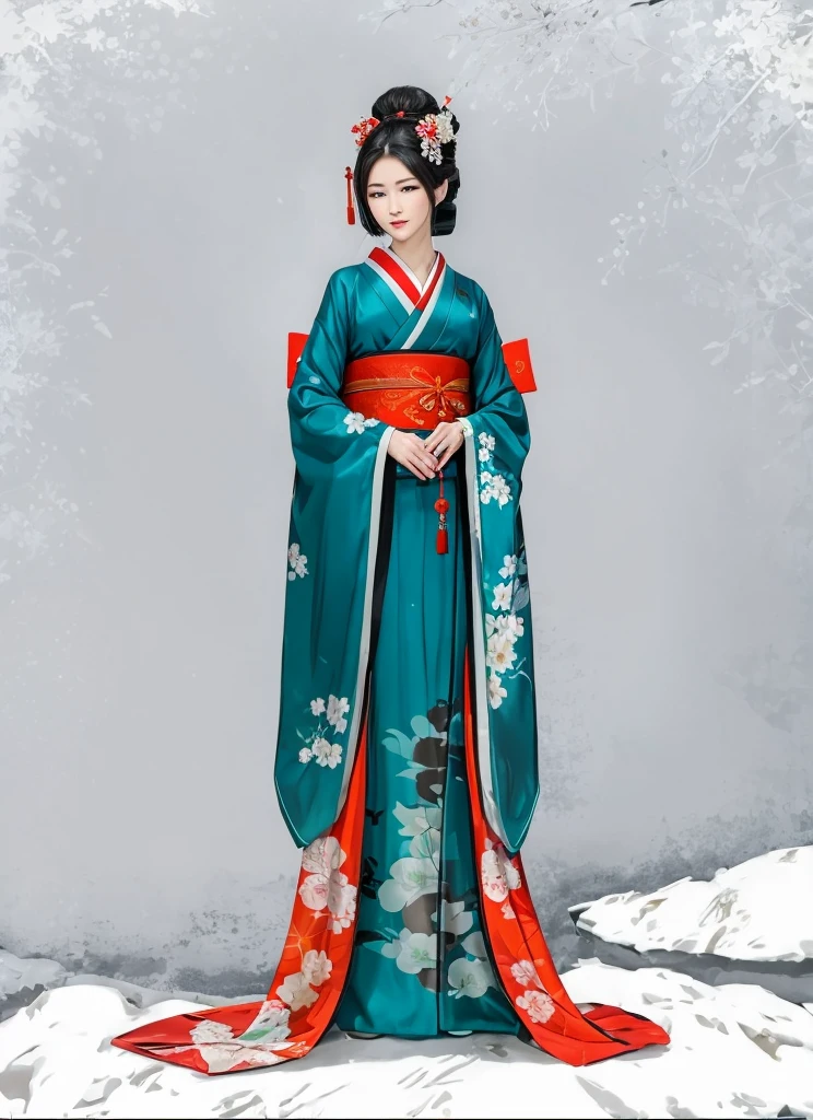 девушка в kimono, kimono в узорах. kimono, a geisha, красивая a geisha с темными волосами, a geisha стоит на облаках, character, красивый character, a geisha в красивом kimono, digital painting