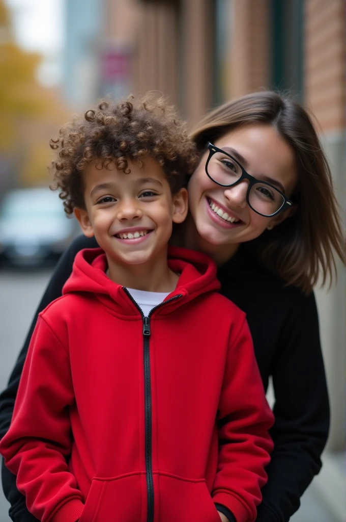 , a boy and a girl smiling. They age is 23 The boy, who is and medium soft curly beautiful hair is wearing red hoodies and stands in front. The girl, who is wearing black and glass is positioned behind him. In the background, there's a usa momentum. Both the boy and girl look happy