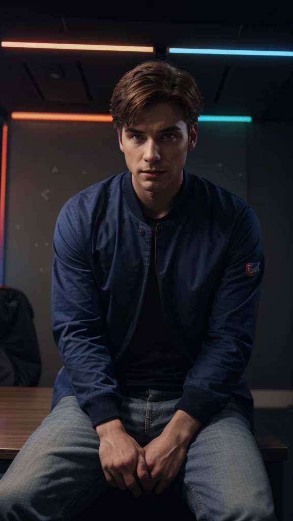 A realistic male character sitting at a desk with a microphone in front of him. The background features an aesthetic RGB wall with red and blue lighting. The scene is well-lit, with the character appearing focused and ready to speak, giving the image a professional yet creative vibe.view front