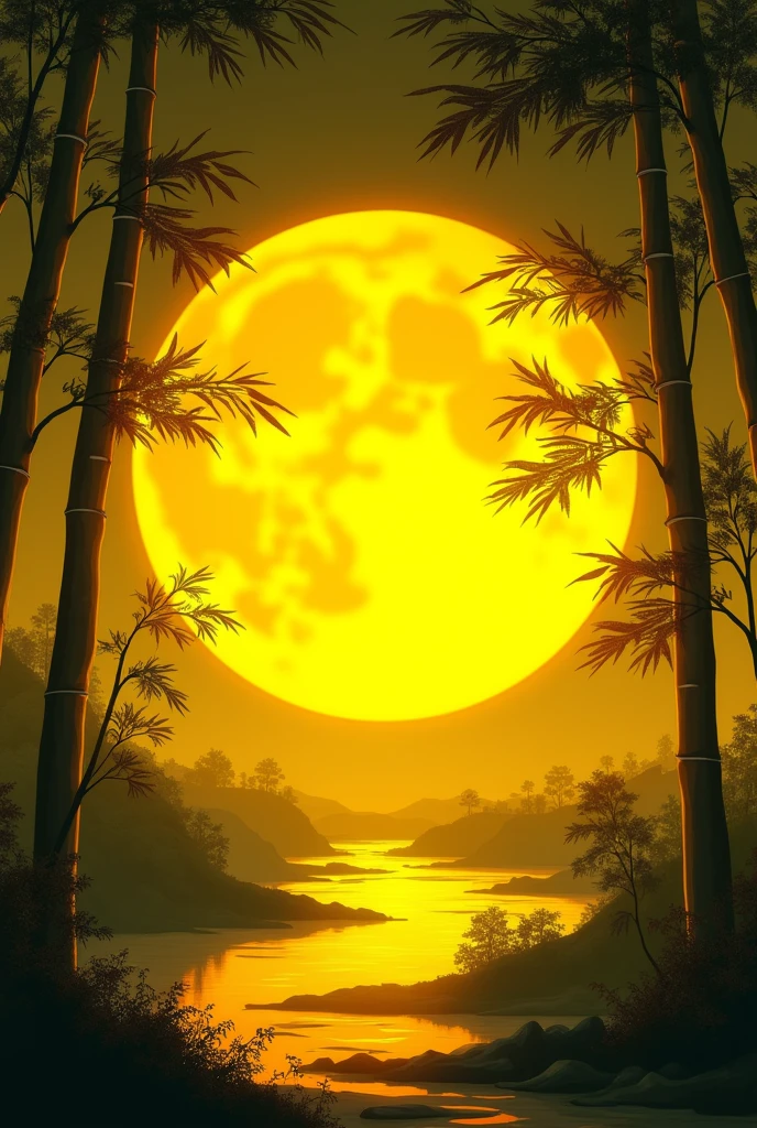 The yellow full moonlight, curved bamboo branches surround it.
Use single colors