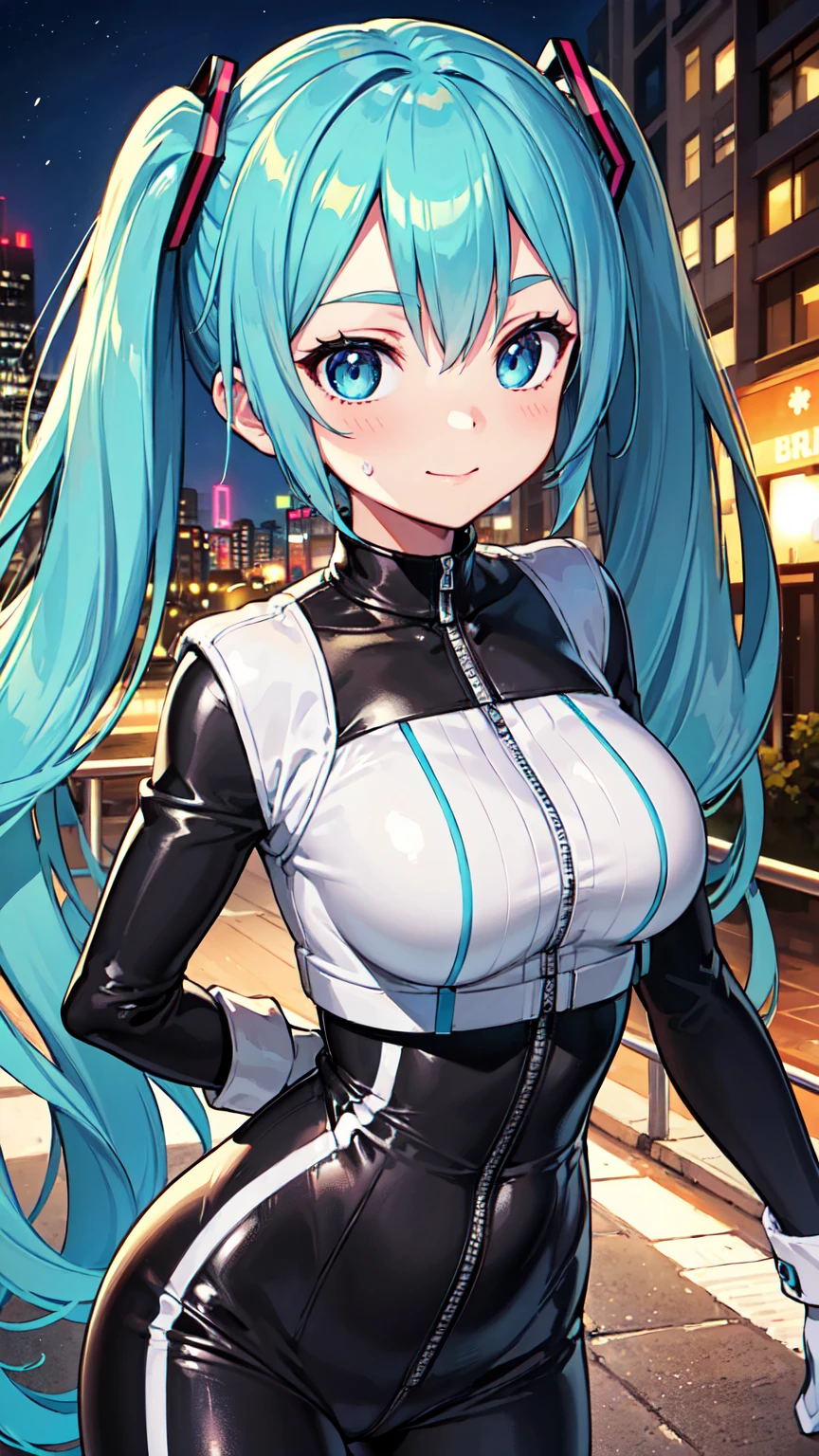 (masterpiece, Highest quality), Backlight, Lens flare, Wide Shot, Fisheye Lens , (Face Focus, Written boundary depth, close: 1.5), Super Detail, shape, colorful, (Fault Color: 1.3), (Immidshot: 1.3), video, Wide-angle, Upper Body, miku hatsune, ((Big Breasts)), Spotless, Dark green hair, Twin tails, Very long hair, Place your arms behind your back, blue eyes, Glowing Eyes, Relaxed face, eyebrow, Shiny Hair, Glowing Skin, A light smile, racing Miku, Black bodysuit, Cropped jacket, White jacket, Long sleeve, Two-tone gloves, Thigh-high boots, bright, Beautifully detailed skies, city, street