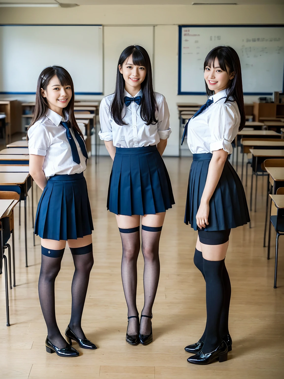 (Highest quality, masterpiece, Photorealistic, Super detailed, Ultra-high resolution, born:1.3), (Three people:1.3), beautiful, 日本人の女子高born, , In the classroom, 学born服,Navy blue high waist pleated mini skirt, (Black Stockings),(smile), (bangs), (Long legs, whole body:1.2), (Standing side by side)